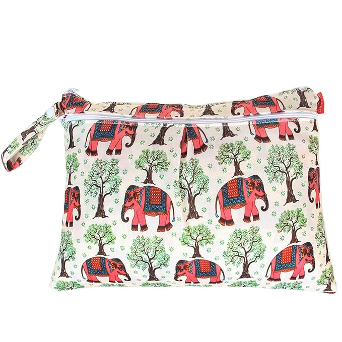 Damero 2pcs Travel Wet and Dry Bag, Reusable Wet Bags Organizer with Two Zippered Pocket for Cloth Diaper, Pumping Parts, Swimsuit and Gym, Elephants