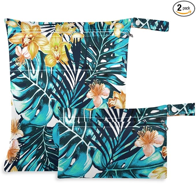 visesunny Blue Palm Leaf Flower Floral 2Pcs Wet Bag with Zippered Pockets Washable Reusable Roomy for Travel,Beach,Pool,Daycare,Stroller,Diapers,Dirty Gym Clothes, Wet Swimsuits, Toiletries