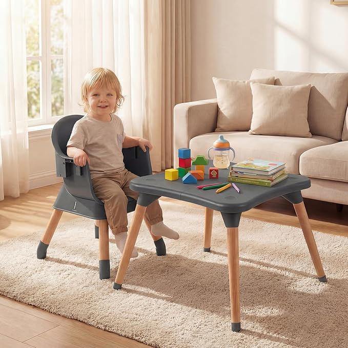 HONEY JOY 9-in-1 Baby High Chair, Convertible Wood Highchair for Babies and Toddlers/Dining Booster Seat/Table & Chair Set, Toddler Stool w/5-Point Safety Harness, Removable Cushion & Tray (Dark Gray)
