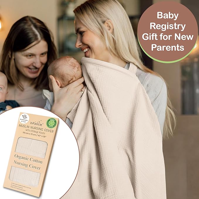100% Organic Cotton Nursing Cover & Shawl - 43 x 28 Inch Breathable Muslin Breastfeeding Nursing Apron Cover with Arch Neckline for Mothers, Multi-use Carseat Canopy (Ivory)