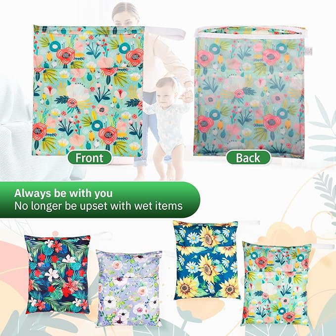 Frienda 4 Pieces Cloth Diaper Wet Dry Bag, Waterproof Reusable Washable Bag for Baby Items and Travel Zippered Pockets with Handle, Beach, Swimsuit, Dirty Gym Clothes and Toiletries(Flower)