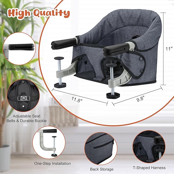 Hook On High Chair with Detachable Tray, Portable Foldable Clip On Baby Travel High Chair, Lightweight Feeding Seat with Storage Bag, BPA-Free Safety Harness for Home Restaurant (Grey)