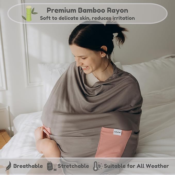 Premium Bamboo Nursing Cover for Breastfeeding 6-in-1 with 2 Pockets, 360 Privacy, Feeding Cover, Soft Breathable Nursing Shawl, Scarf, Stretchable Baby Seat Cover, Poncho (Blue/Green)