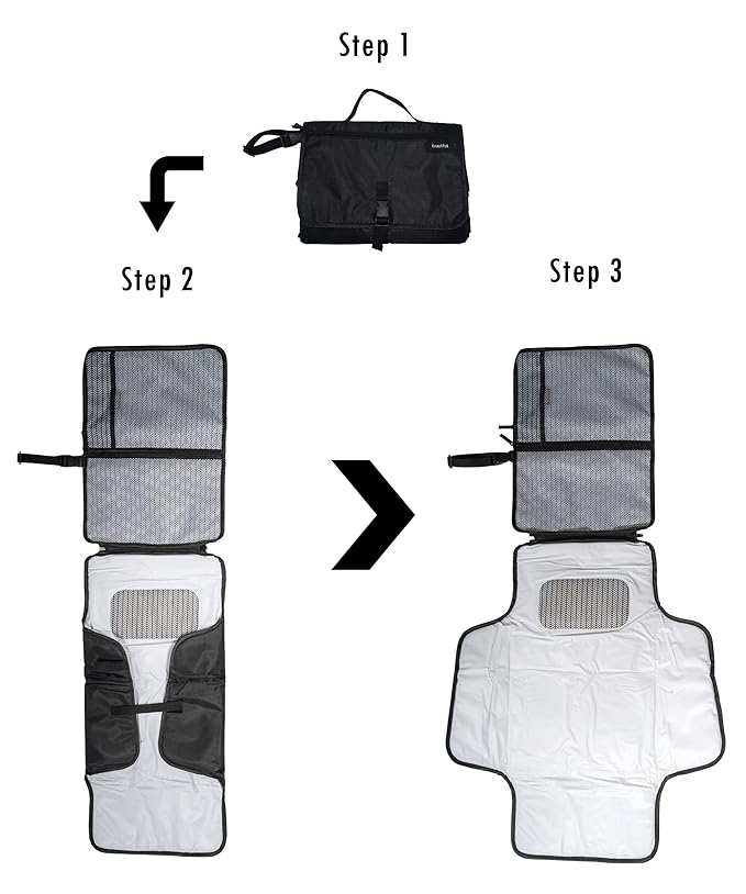 Diaper Changing Pad, Cushioned Mat with Built-in Pillow, Black with Pockets, Waterproof Travel Mat, Bonus Pacifier Pouch