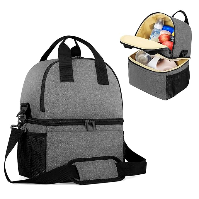 Teamoy Breast Pump Bag Tote with Cooler Compartment for Breast Pump, Cooler Bag, Breast Milk Bottles and More, Double Layer Pumping Bag for Working Moms, Gray