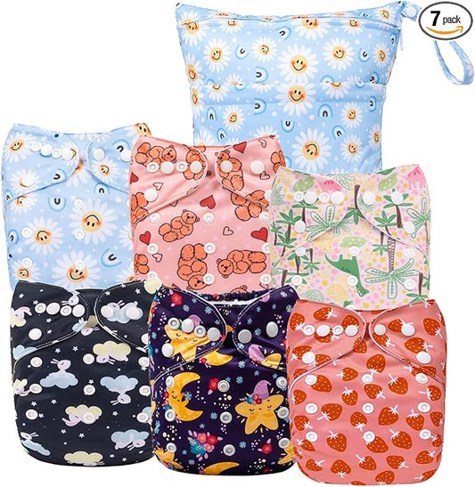 ALVABABY 6pcs Cloth Diaper Covers &1 Wet Dry Bag, Washable Reusable Cloth Diaper Shell for Prefold with Multi-Functional Bag, Flat or Fitted Nappy Inserts