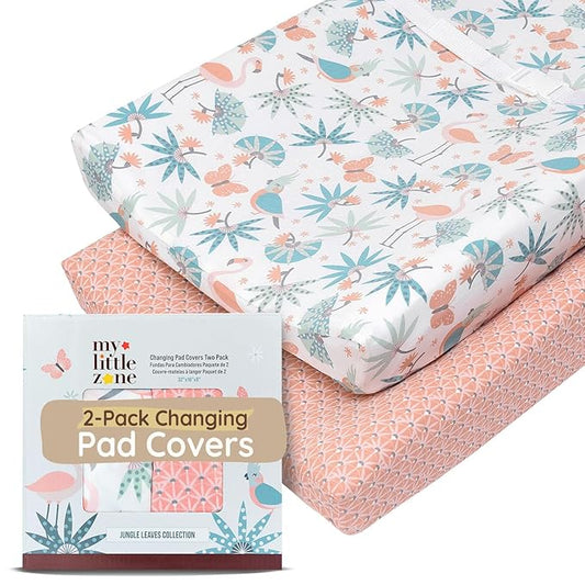 Baby Changing Pad Covers Table Sheet 32"x16", 8"Deep Pocket - Diaper Changing Pad Cover, 100% Cotton Jungle Leaves & Flamingo Sheets 2 Pack, Flamingo Baby Sheets, Designed in France, White-Coral Pink