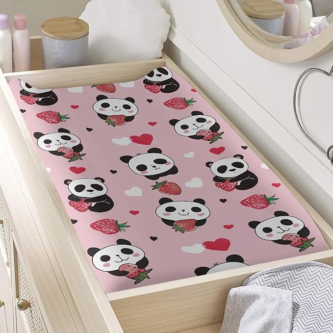 Strawberry Panda Changing Pad Cover for Baby Girls Pink Diaper Change Table Covers Soft Stretchy Changing Mat Sheets Cover