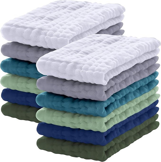Lovely Care 12 Pack Muslin Burp Cloths 100% Cotton Muslin Cloths Large 20''x10'' Extra Soft and Absorbent Baby Burping Cloth - Slate, Navy & Grey