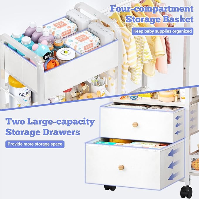 Baby Diaper Caddy Organizer with Hanging Rack, Rolling Diaper Utility Cart with Dividers and Drawers for Baby Essentials Storage, Bedside Cart with Wheels for Changing Station, Crib, Nursery, Bedroom