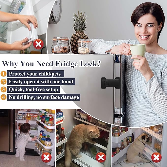 French Fridge Locks for Kids, 2 Pack Baby Safety Refrigerator Lock, Pet/Child Proof Freezer Latch, Cabinet Cupboard Lock with 3M Adhesive, Tool-Free, Drill-Free Install (Matte Black)