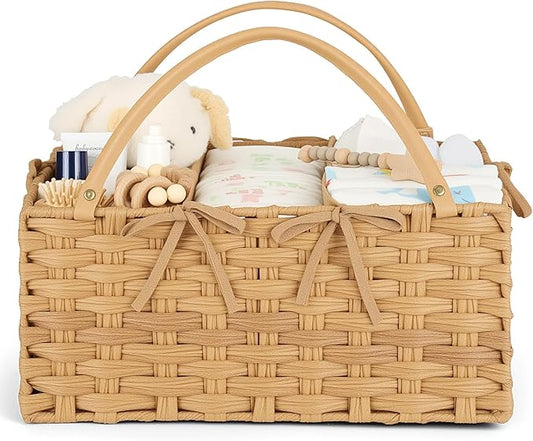 Diaper Caddy Organizer, Hand Rattan Nursery Storage Basket for Baby Essentials, Baby Changing Table Organizer Perfect Nursery Assistant, Easy Assemble (Natural, M)