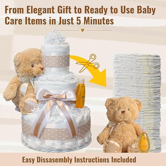 Lil' Baby Cakes Gender Neutral Diaper Cake for Baby Showers or Newborn Gift - Handmade Baby Gift with 42 Swaddler 1 Diapers - Neutral Cake with Plush Teddy Bear - Size 10 in x 12