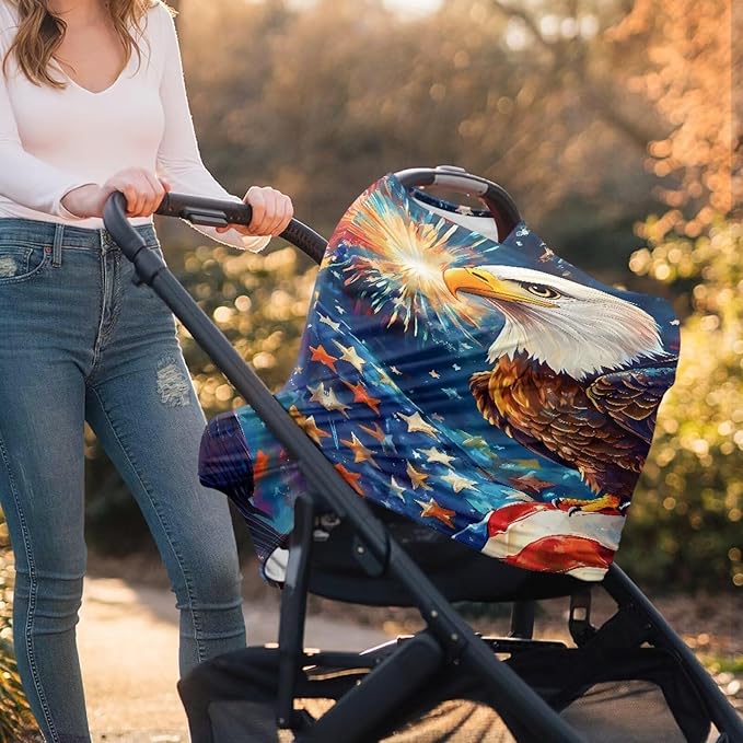 Belidome 4th of July Nursing Cover Up for Breastfeeding American Flag Nursing Shawls Patriotic Eagle Print Baby Boys Car Seat Covers