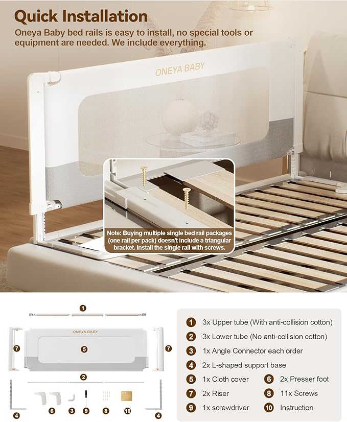 Bed Rail for Toddlers, Thickened & Reinforced Bed Rails for Queen ith Double Child Lock, Upgraded Toddler Bed Rails with Height Adjustable, Kids Baby Bed Rail Guard, White/Grey, 1Side 60" Lx28 H