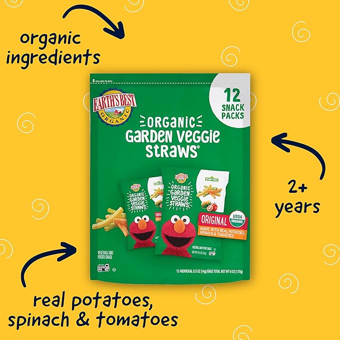 Earth's Best Organic Kids Snacks, Sesame Street Toddler Snacks, Organic Garden Veggie Straws for Toddlers 2 Years and Older, Original, Multipack, .5 oz Bags, 12 Count (Pack of 2)