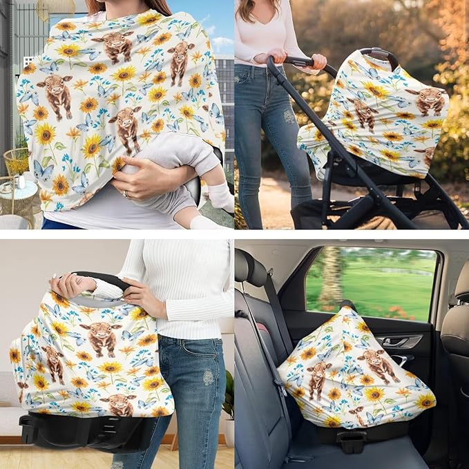 Sunflower Highland Cattle Car Seat Cover + U Shaped Pillow Case Cover Set of 2, Mom Nursing Covers Infant Breastfeeding Protectors for Shopping Cart/High Chair, Boys Girls