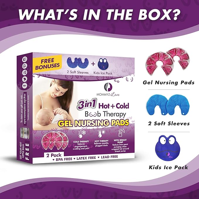 Mommyz Love Gel Nursing Pads for Breastfeeding - Hot & Cold Therapy Gel Breastfeeding Pads for Clogged Ducts Relief - Soothing Reusable Breast Pads for Nursing to Relieve Engorgement & Sore Breasts