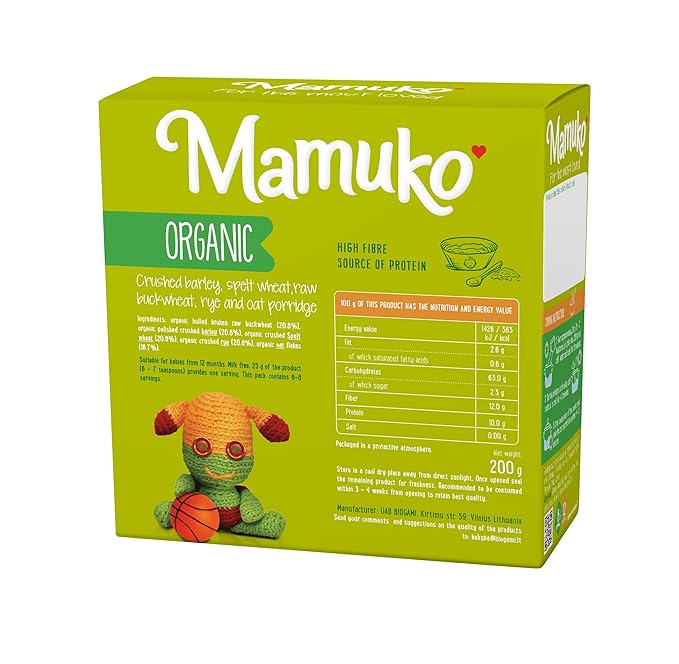 MAMUKO Organic Porridge - Healthy Porridge with Nutrient-Rich Blend of Oats, Raw Buckwheat, Barley, Spelt, & Rye - High Fiber Porridge without Sugar & Preservatives - Organic Porridge 200g & 8 Serving