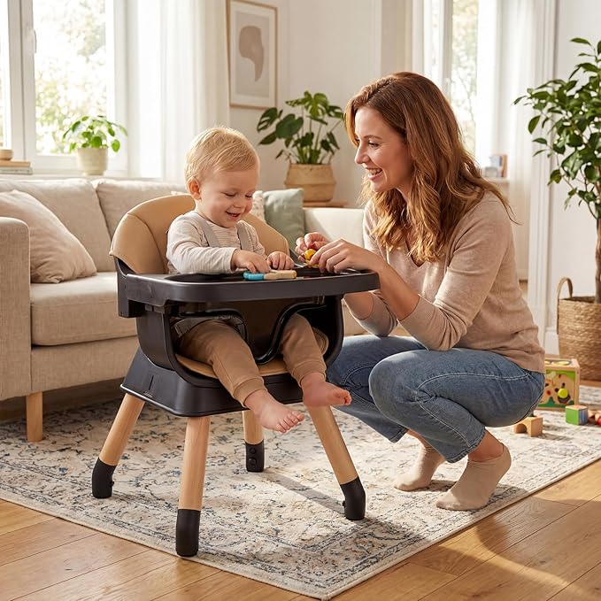 BABY JOY High Chair, 9-in-1 Convertible Highchairs for Babies and Toddlers, Booster Seat | Table & Chair Set | Stool, Adjustable Legs, Removable Tray, Safety Harness & PU Cushion (Brown)
