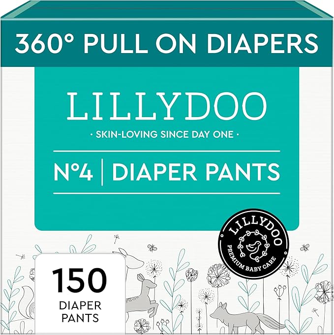 LILLYDOO Diaper Pants Toddlers - Size 4 (20+ lbs), Monthly Supply (150 Count), Skin-Friendly, Ultrasoft, Chlorine-Free, Snug Fit & Absorbent Pull On Diapers