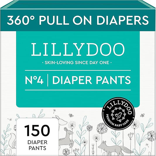 LILLYDOO Diaper Pants Toddlers - Size 4 (20+ lbs), Monthly Supply (150 Count), Skin-Friendly, Ultrasoft, Chlorine-Free, Snug Fit & Absorbent Pull On Diapers