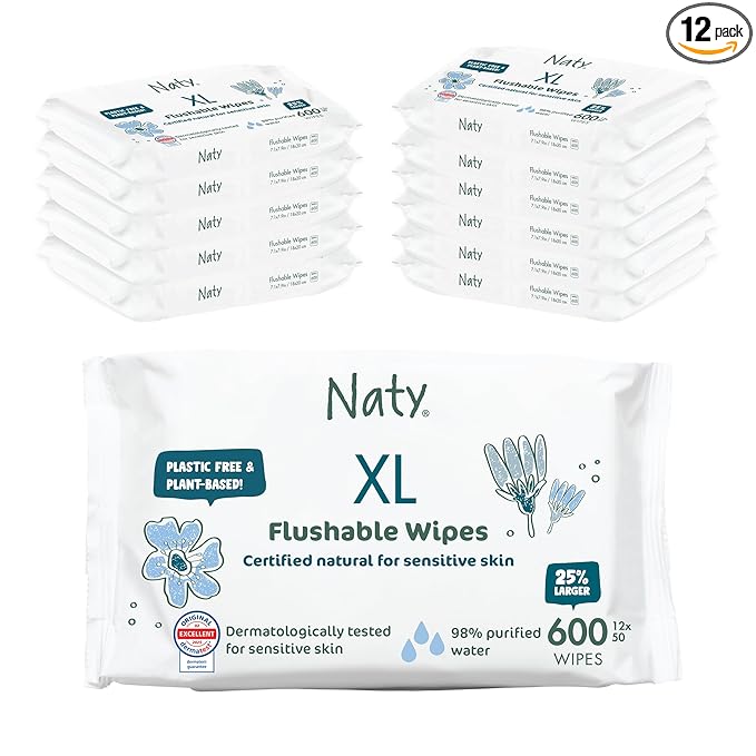 Naty Flushable Baby Wipes XL | 98% Water, Hypoallergenic & Natural for Sensitive Skin | Unscented, Fragrance-Free, Plant-Based | Plastic-Free, Water-Degradable | Newborn & Toddler | 600 Ct. (12 Packs)
