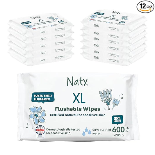 Naty Flushable Baby Wipes XL | 98% Water, Hypoallergenic & Natural for Sensitive Skin | Unscented, Fragrance-Free, Plant-Based | Plastic-Free, Water-Degradable | Newborn & Toddler | 600 Ct. (12 Packs)