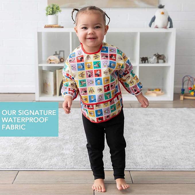 Bumkins Disney Sleeved Baby Bib – Long Sleeve Waterproof Fabric Feeding Smock with Crumb Catcher Pocket, Adjustable Toddler Apron for Baby Led Weaning, for Ages 6–24 Months, Mickey and Friends 2-pack