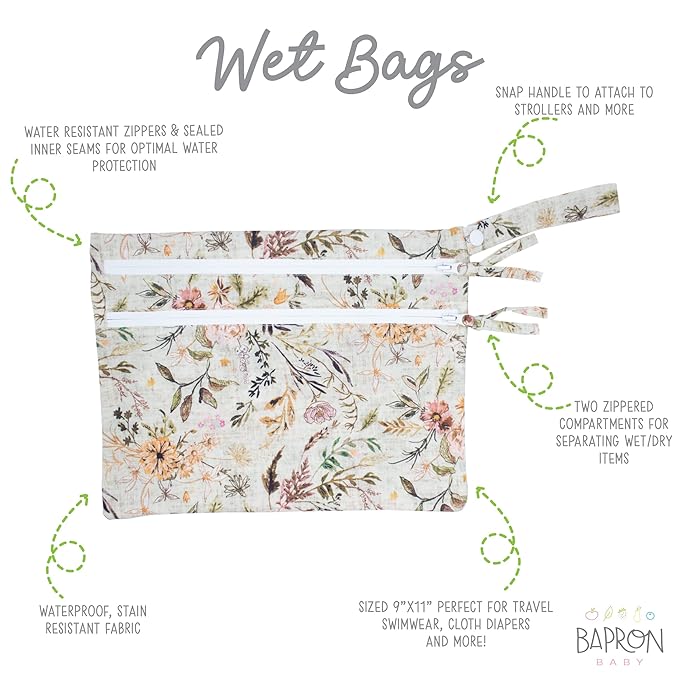 BapronBaby Delilah Floral Wet Dry Bag - Waterproof Two Zipper Pockets - Reusable for Mealtime, Diapers, Stroller, Snacks, Swimsuits - Machine Washable - 11" x 9"