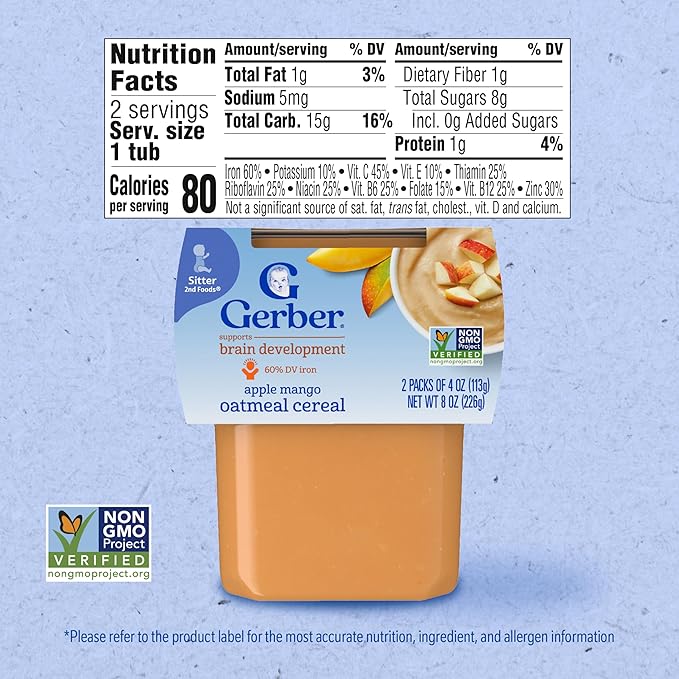 Gerber Stage 2 Baby Food, Apple Mango Oatmeal Cereal Puree Tubs, Baby Cereal, 16PK