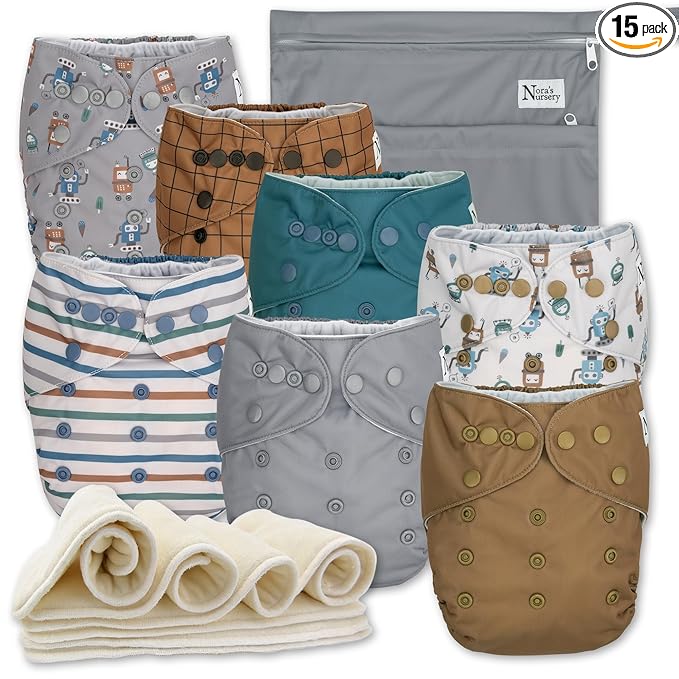 Nora's Nursery Cloth Diapers 7 Pack with 7 Inserts & 1 Wet Bag - Waterproof Cover, Washable, Reusable & One Size Adjustable Pocket Diapers for Newborns and Toddlers -Geared up