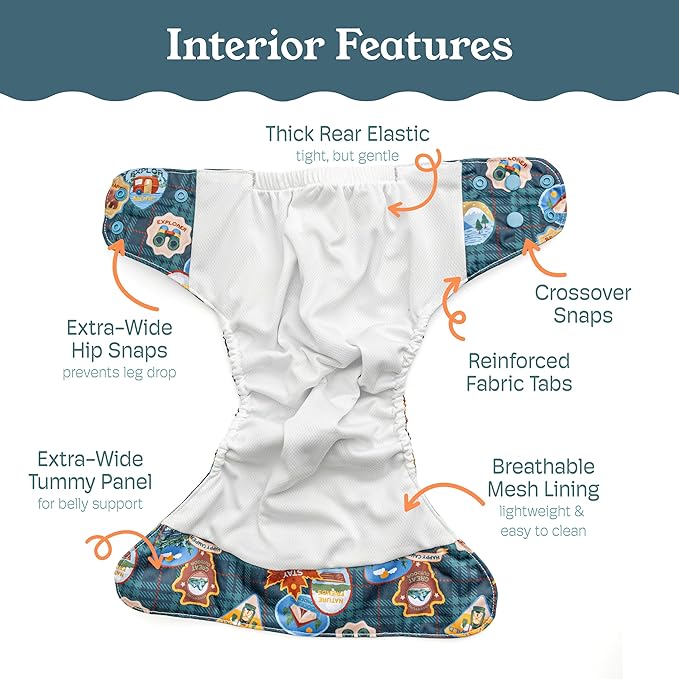 Kinder Cloth Diapers Reusable Baby Diapers Pocket Style Athletic Wicking Jersey, Wet Bag, Newborn to Potty Training 7-60lbs, One Size, Inserts NOT Included (Big Adventure, 5 Pack, Without Inserts)