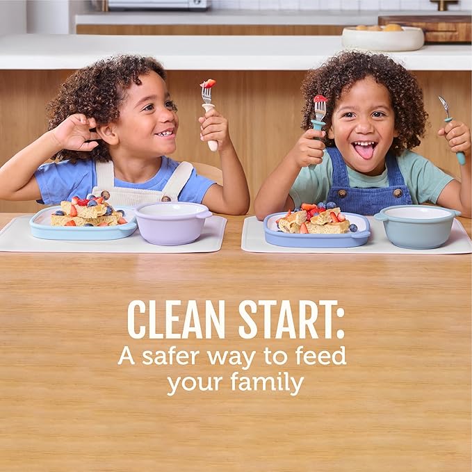 Ello Clean Start Toddler Bowls 2 Pack | Ceramic Kids/Baby Bowls with Silicone Sleeves | BPA-Free, Plastic-Free | Microwave & Dishwasher Safe | High Chair Friendly, Stackable | Dewdrop/Sugarplum