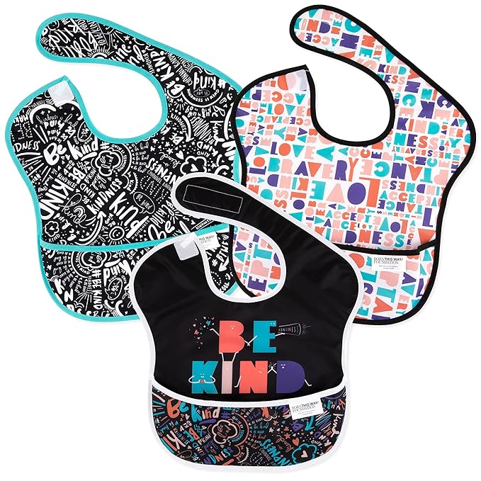 Bumkins Bibs for Girl or Boy, SuperBib Baby and Toddler for 6-24 Months, Essential Must Have for Eating, Feeding, Baby Led Weaning Supplies, Mess Saving Catch Food, Fabric 3-pk Be Kind