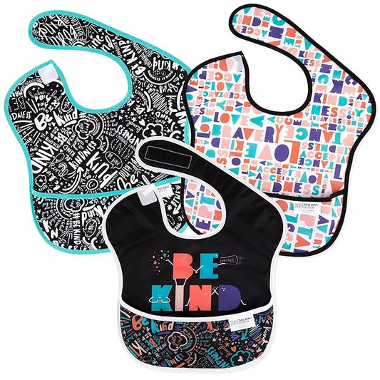 Bumkins Bibs for Girl or Boy, SuperBib Baby and Toddler for 6-24 Months, Essential Must Have for Eating, Feeding, Baby Led Weaning Supplies, Mess Saving Catch Food, Fabric 3-pk Be Kind