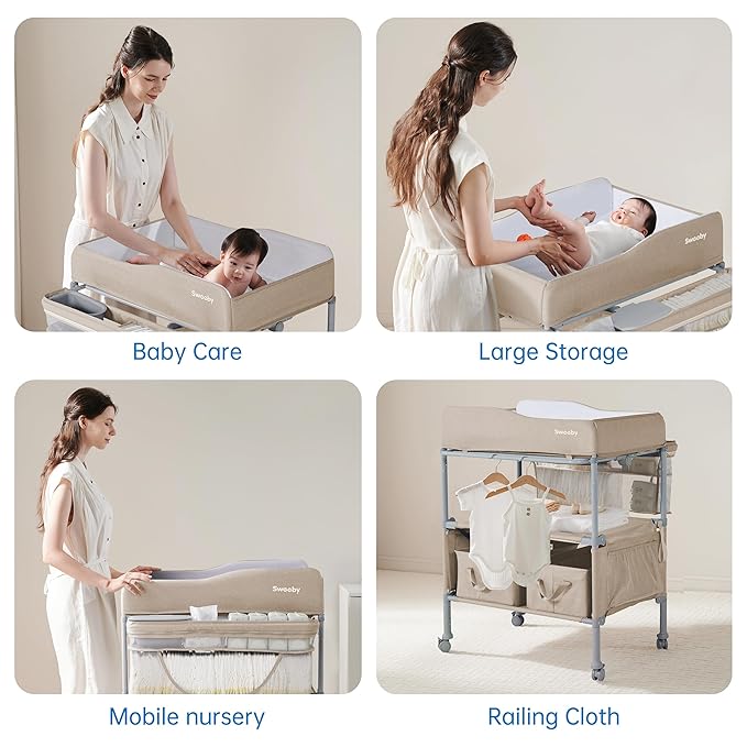 Sweeby Portable Baby Changing Table, Foldable Diaper Changing Station with Waterproof Pad, Mobile Nursery Organizer for Infant & Newborn Essentials, Oat