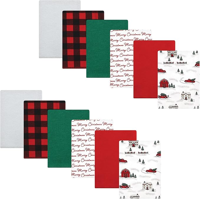 Hudson Baby Unisex Baby Cotton Flannel Burp Cloths Bundle, Christmas Scene, One Size
