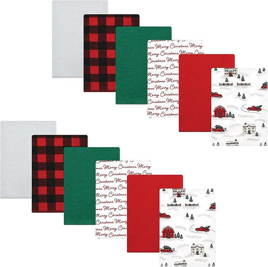 Hudson Baby Unisex Baby Cotton Flannel Burp Cloths Bundle, Christmas Scene, One Size