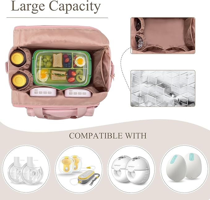 LUXJA Large Wearable Breast Pump Bag with a Waterproof Mat for Wearable Breastfeeding Pump, Carrying Tote Bag with Multiple Pockets for Hands Free Breast Pump and Extra Parts, Pink