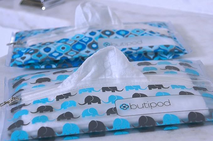Butipods Reusable Stay Moist Wet Wipe Pouch | Slim Case Travel Holder | Great for Hand and Face Wipes | Set of 2 (Blue Elephants & Ogees)