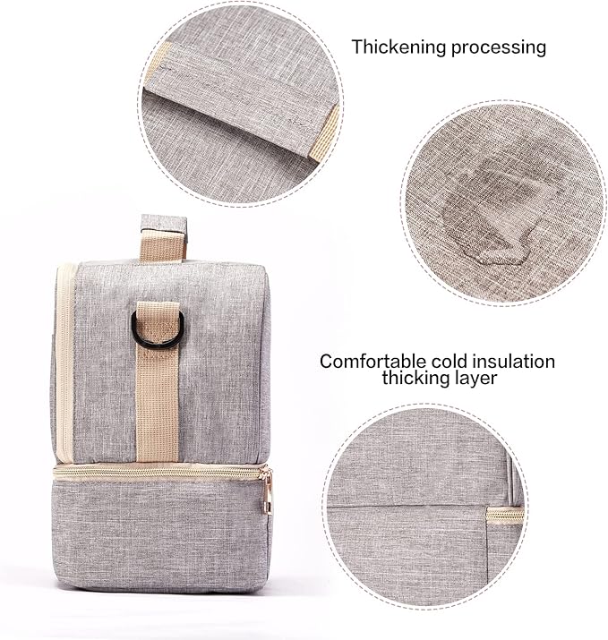 Breast Pump Bag Cooler Compartment Moistureproof Bag Double Layer for Mother Breast Milk Pump Lunch Bag Outdoor Working (Grey)