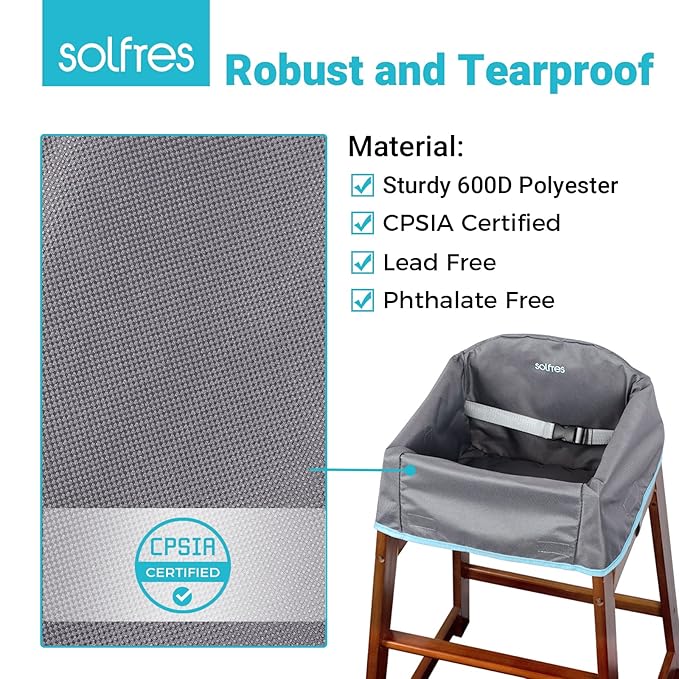 Dual-Belt Baby High Chair Cover, Lead & Phthalate Free, Sturdy and Robust Material, Waterproof Washable Cover for Wooden or Restaurant High Chairs, Gray