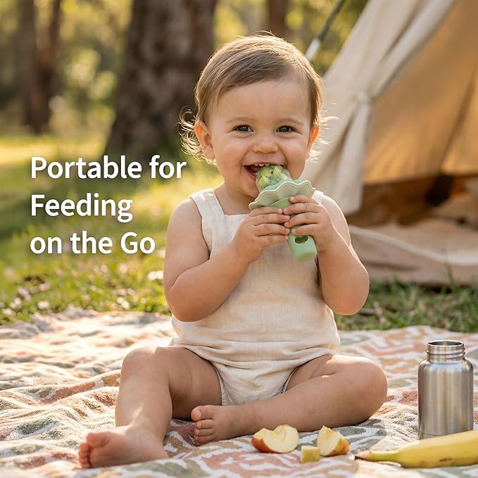 Moonkie Baby Fruit Feeder for Self-Feeding: Controlled Flow Design for Safe First Foods - BPA Free Silicone Food Feeder with Freezer Tray for Cooling Comfort - Baby Shower Gifts 4M+ - 2 Pack