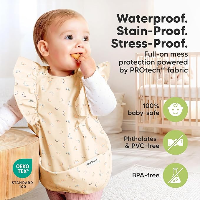 KeaBabies Waterproof Bibs for Baby Girl,Boy – 2-Pack Lightweight, Large Baby Bibs for Eating, Wearable Food Catcher, 6-12 Months Infant Feeding Essentials, Smock for Toddlers 1-3, Kids (Jolly Rainbow)