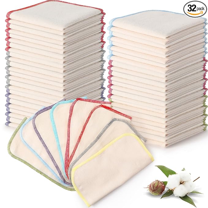 Zopeal 32 Pcs Flannel Cloth Baby Wipes Reusable Dispenser Washable Soft Natural Unbleached Baby Face Cloth Wipes 8 Colors Outer Stitching 8 x 8 Inches