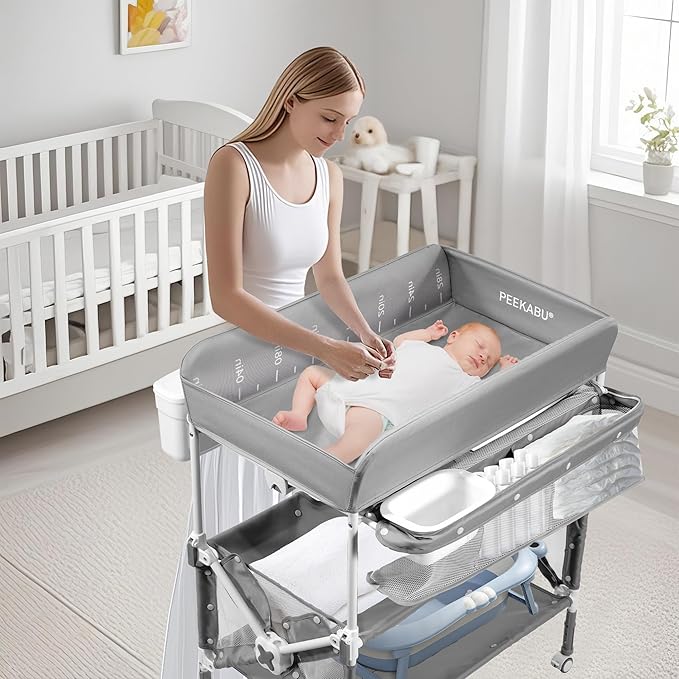 PEEKABU Portable Foldable Baby Changing Table Dresser Waterproof Diaper Changing Station with Wheels, Adjustable Height Changing Table Station Mobile Nursery Organizer for Newborn and Infant, Grey
