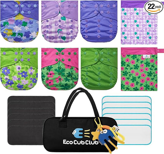 Reusable Washable Cloth Diapers 6pcs for Baby Shower,Leak-Proof Double Gussets Fleece Lining,12 Soft Fleece Inserts & 2 Wet Bags,Packed in Durable Travel Handbag&Key Chain-G-10-F