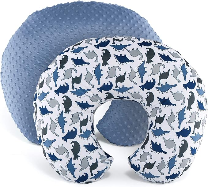 The Peanutshell Nursing Pillow Cover Set of 2 - Soft Newborn Nursing Baby Girl or Boy Pillow Covers, Supportive & Comfortable Breastfeeding, Tummy Time Must Haves, Baby Essentials - Dino & Blue Minky
