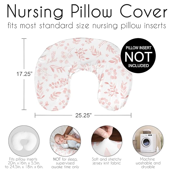 Sweet Jojo Designs Blush Pink White Floral Leaf Girl Nursing Pillow Cover Baby Breastfeeding Slipcover Infant Newborn Nursery Bottle Breast Feeding Pillowcase (Pillow NOT Included) Bohemian Watercolor